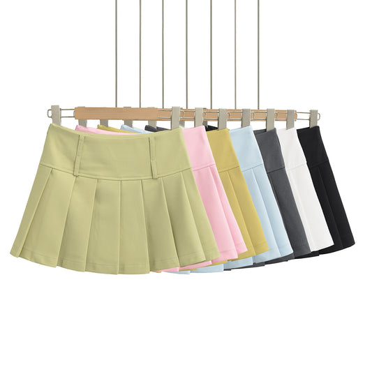 Double Buckle A-Line High Waist Sweet and Spicy Pleated Skirt Short Skirt