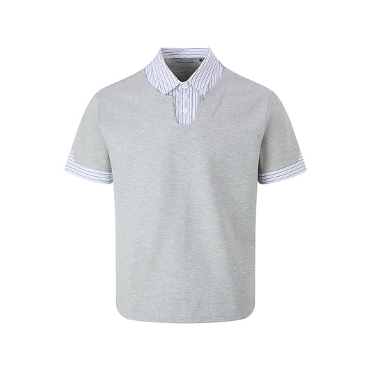 Unique Retro Two-Piece Design Spliced Stripe Polo Collar Layered Short Sleeve Base Shirt