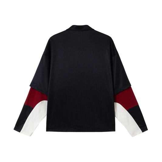 Fake two-piece patchwork badge embroidered polo collar hoodie