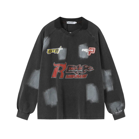 Brush Graffiti Sports Campus Collar Polo Shirt Long Sleeve eprolo
