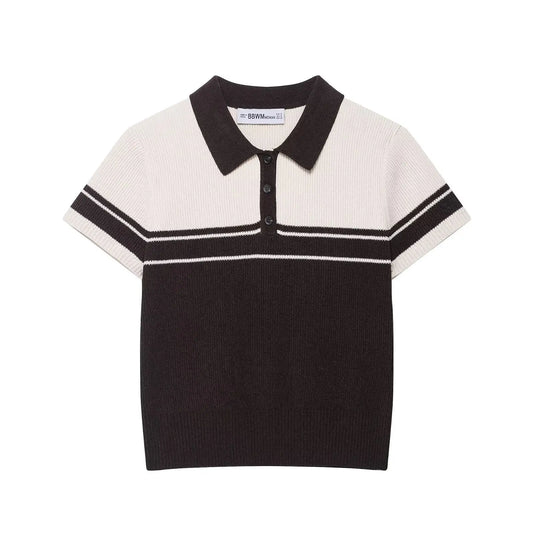 POLO collar short sleeved color blocked knit T-shirt top eprolo