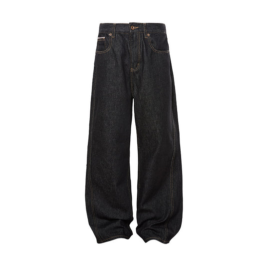 Dark Color Topstitching Straight Loose Commuting Denim Trousers Cleanfit