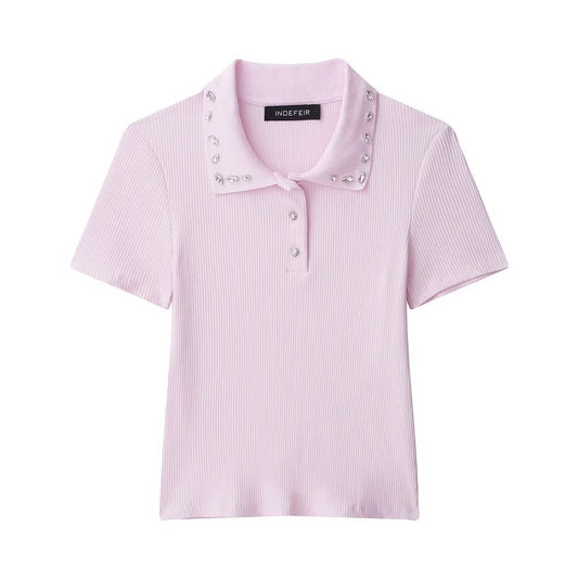 Collar short sleeved jewelry decoration solid color shirt top for women eprolo