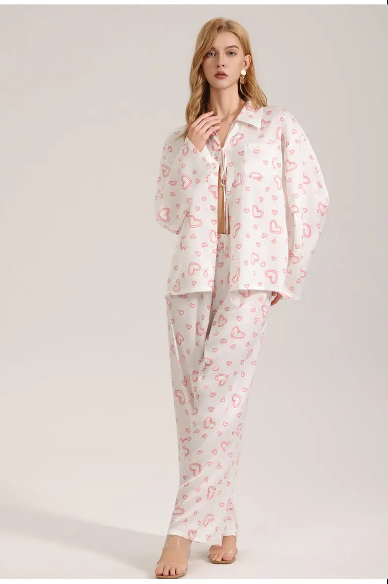 Three-Piece Pajama Set with Heart Print - Strap Top, Long Sleeve, and Long Pants for Women eprolo