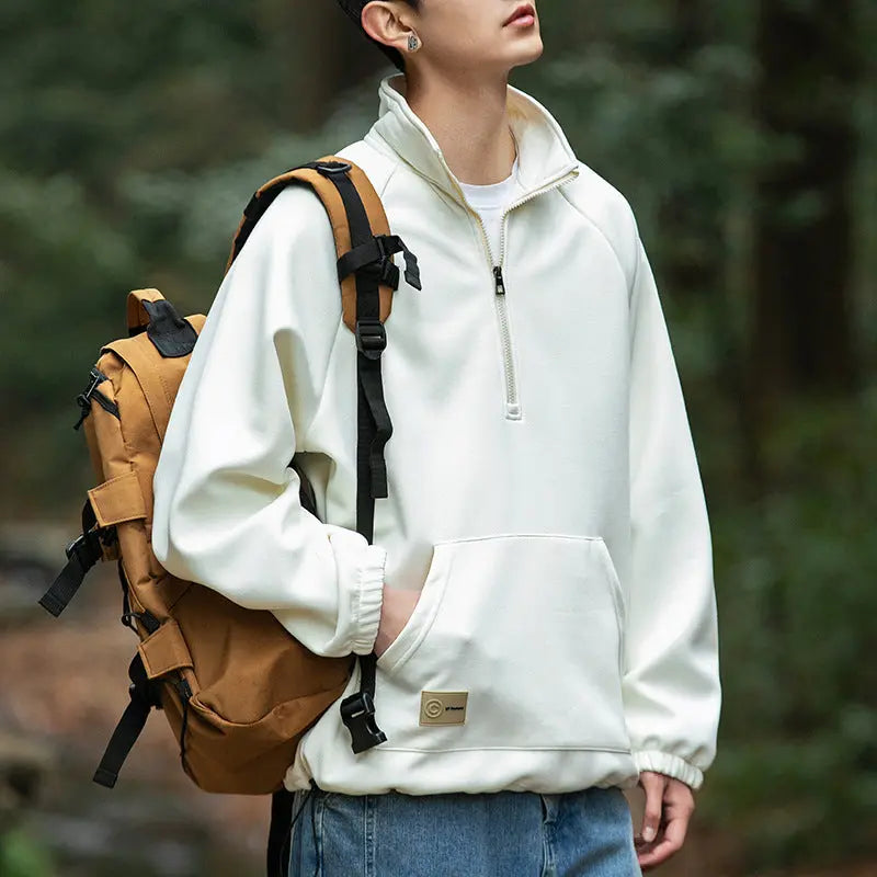 Long sleeved polo collar men's loose solid color half zip hoodie for men eprolo