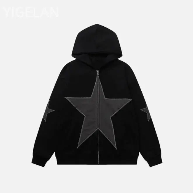 Five cornered star patch embroidered printed hooded sweatshirt with zipper sweatshirt for men eprolo