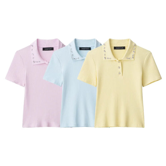 Collar short sleeved jewelry decoration solid color shirt top for women eprolo