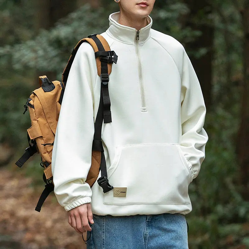 Long sleeved polo collar men's loose solid color half zip hoodie for men eprolo