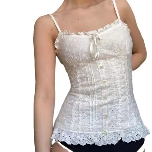 Solid color small camisole folding waist lace top spicy eprolo