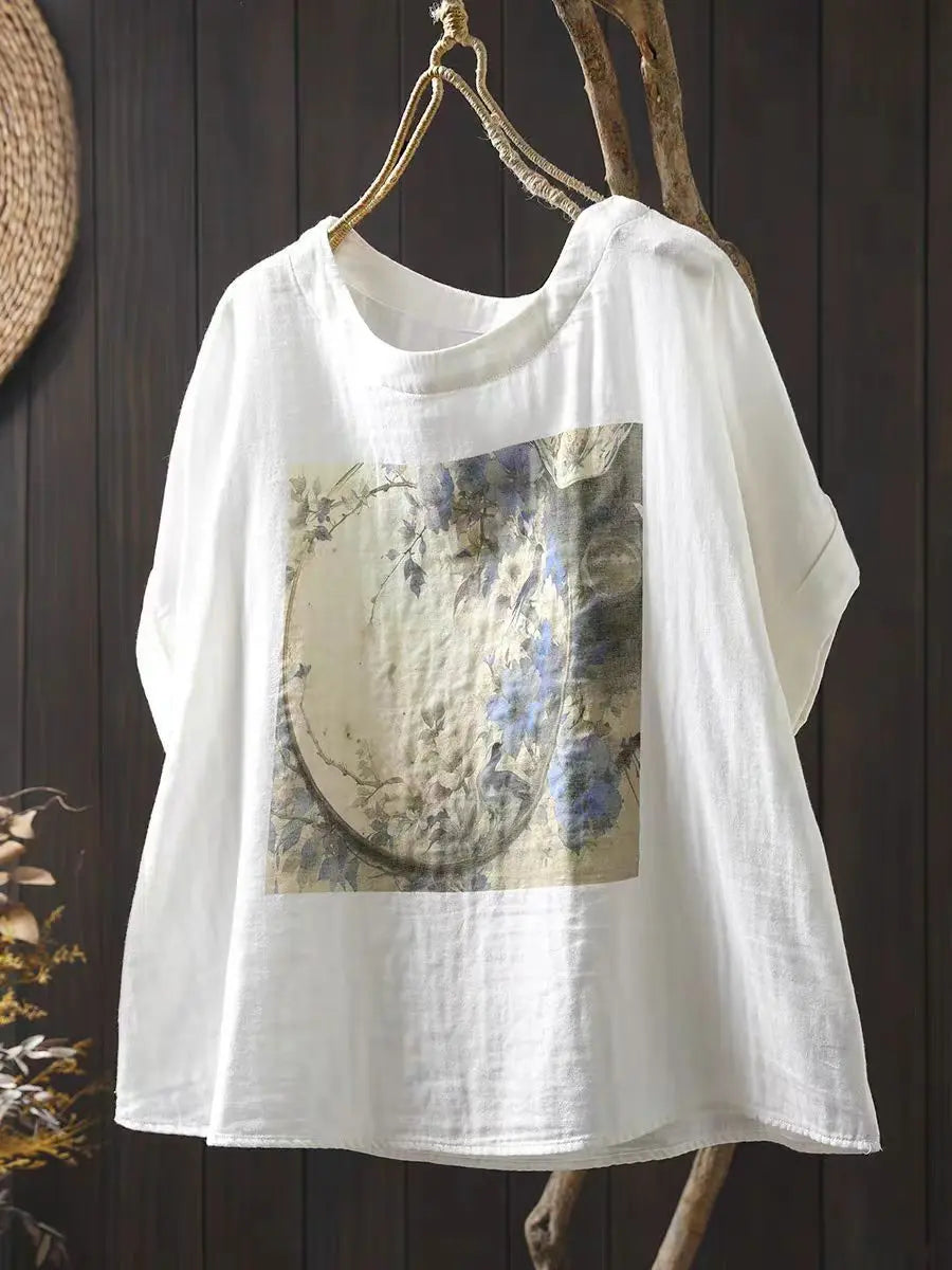 Double Layer Cotton Gauze Printed Short Sleeve Crew Neck Shirt for Women, Petite Size, Literary Leisure Short Top eprolo