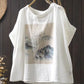 Double Layer Cotton Gauze Printed Short Sleeve Crew Neck Shirt for Women, Petite Size, Literary Leisure Short Top eprolo