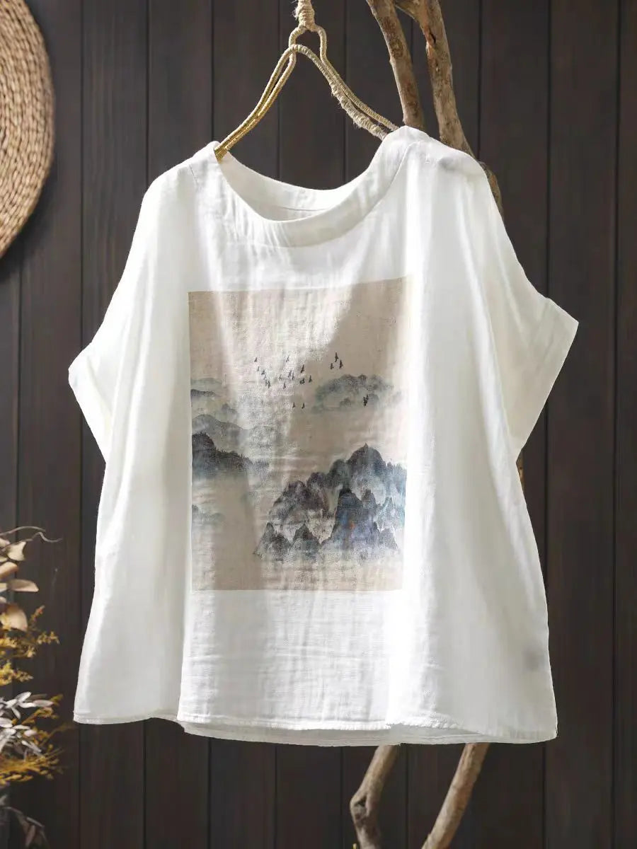 Double Layer Cotton Gauze Printed Short Sleeve Crew Neck Shirt for Women, Petite Size, Literary Leisure Short Top eprolo
