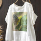 Double Layer Cotton Gauze Printed Short Sleeve Crew Neck Shirt for Women, Petite Size, Literary Leisure Short Top eprolo