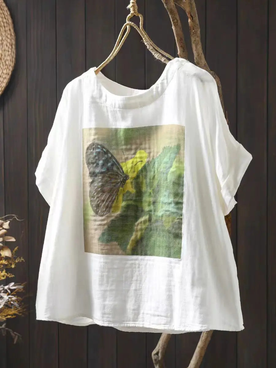 Double Layer Cotton Gauze Printed Short Sleeve Crew Neck Shirt for Women, Petite Size, Literary Leisure Short Top eprolo