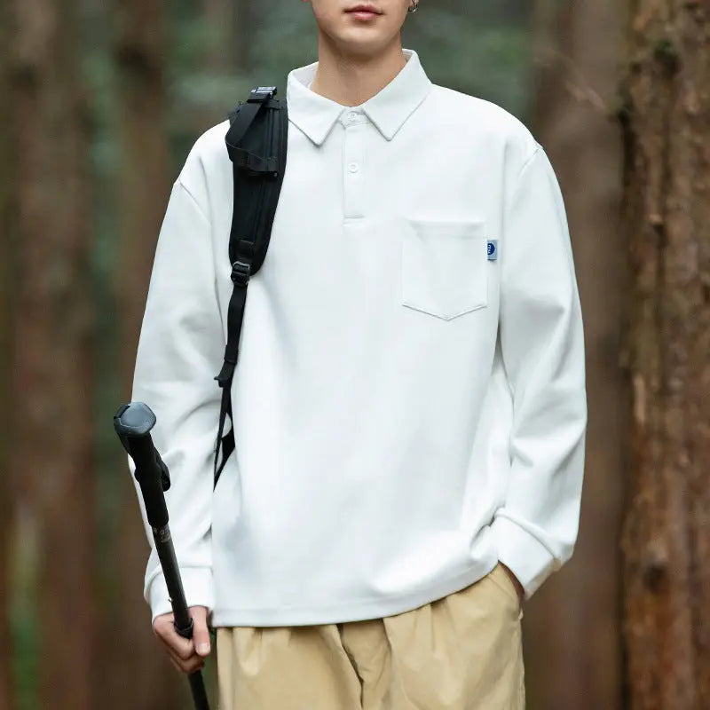 Outdoor men's long sleeved lapel simple pocket design polo shirt men's inner top eprolo