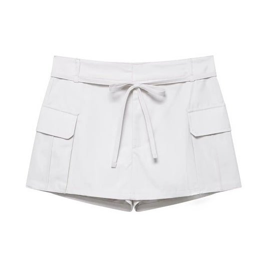 Drawstring tie solid color belt safety pants skirt for women eprolo