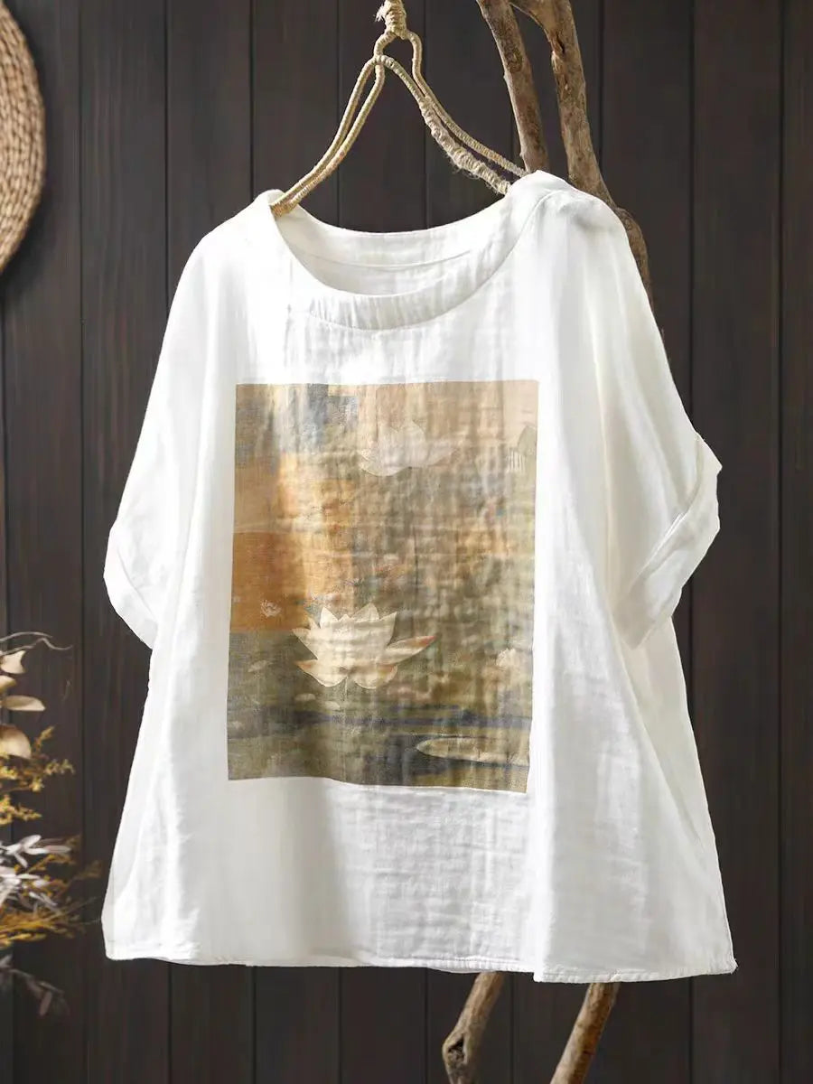 Double Layer Cotton Gauze Printed Short Sleeve Crew Neck Shirt for Women, Petite Size, Literary Leisure Short Top eprolo