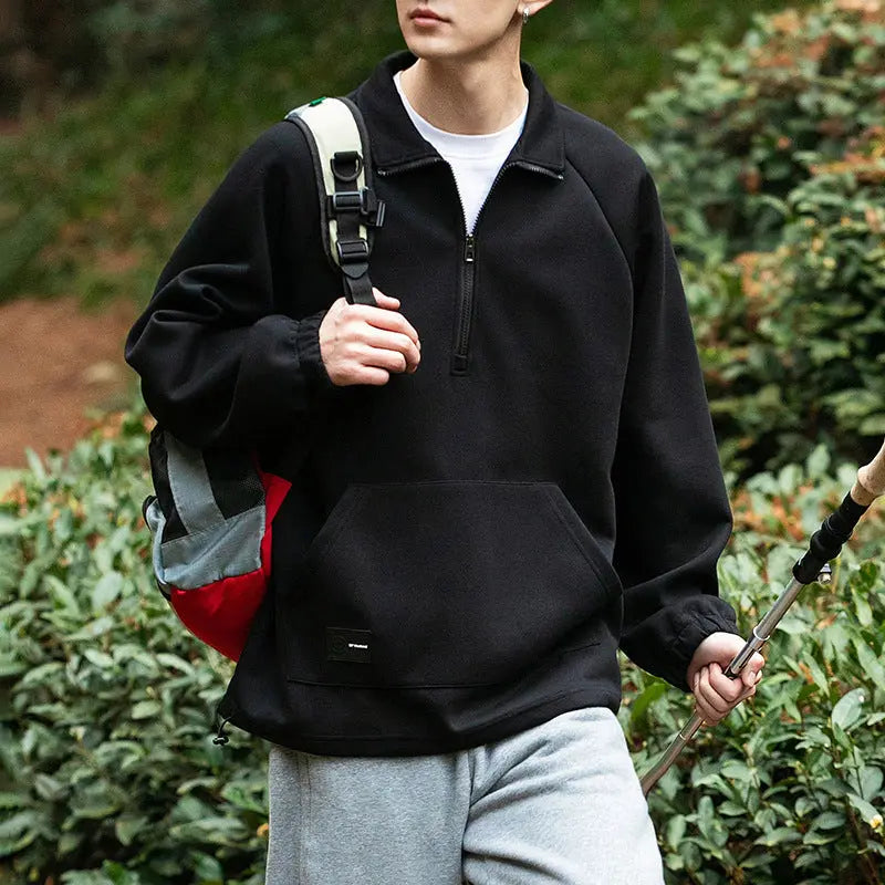 Long sleeved polo collar men's loose solid color half zip hoodie for men eprolo