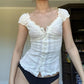 Wrinkled shoulder hanging low neck button folded lace lace tight top eprolo