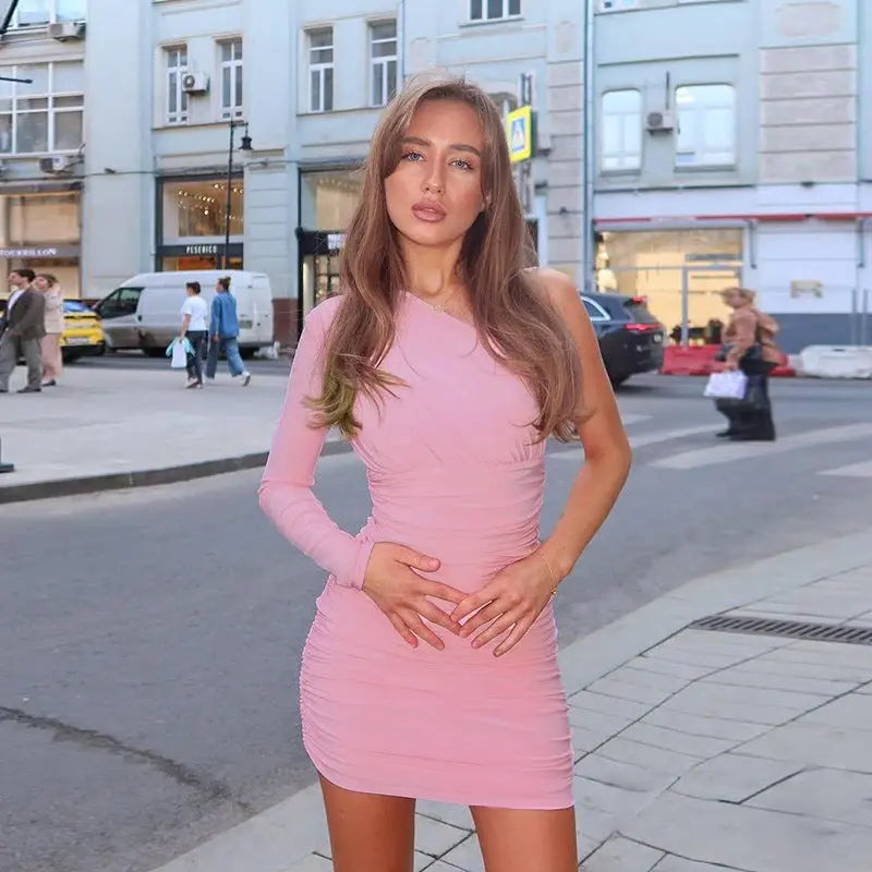 One Shoulder Sexy Backless Long Sleeve Fitted Dress eprolo