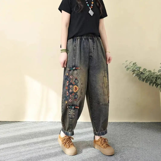 Vintage Ethnic Style Colorful Button Embroidered Denim Pants Women Loose Plus Size Floral Embroidery Nine-Point Harem Pants Spring eprolo