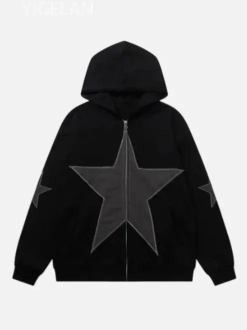 Five cornered star patch embroidered printed hooded sweatshirt with zipper sweatshirt for men eprolo