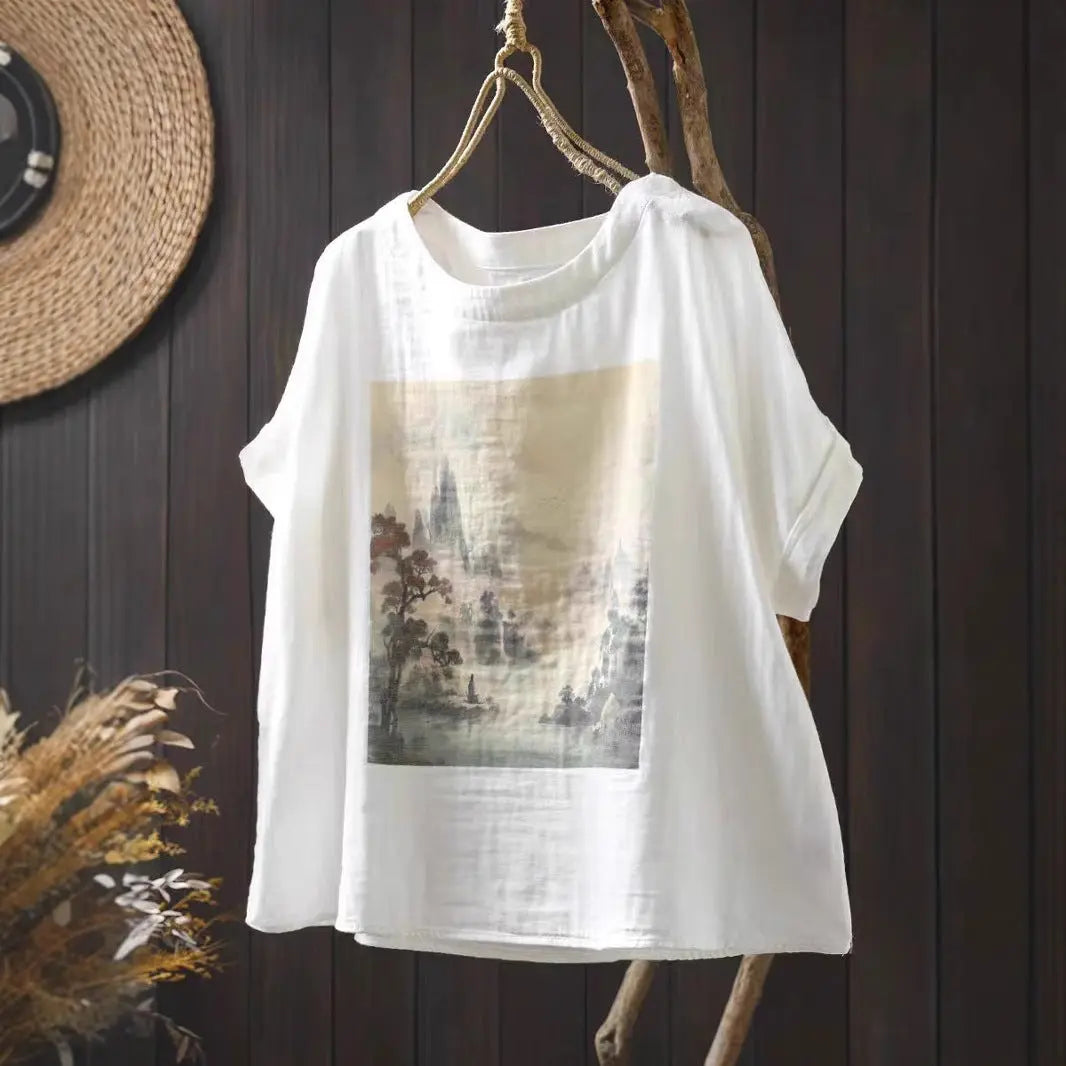 Double Layer Cotton Gauze Printed Short Sleeve Crew Neck Shirt for Women, Petite Size, Literary Leisure Short Top eprolo