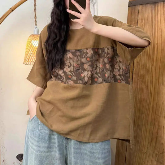 Literary Summer New Casual Versatile Linen Spliced Cotton Gauze Printed Round Neck Pullover Short Sleeve eprolo