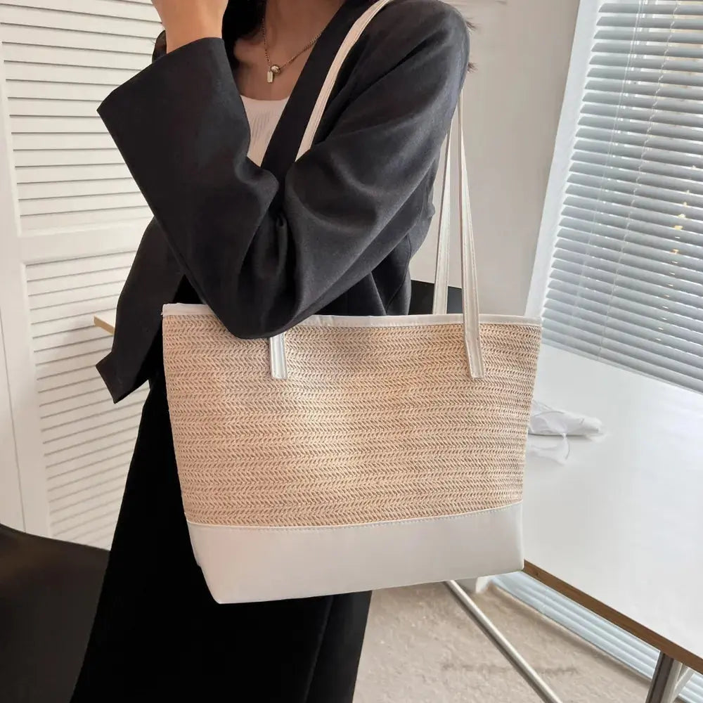 Straw Weave Leather Strap Tote Bag eprolo