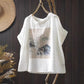 Double Layer Cotton Gauze Printed Short Sleeve Crew Neck Shirt for Women, Petite Size, Literary Leisure Short Top eprolo