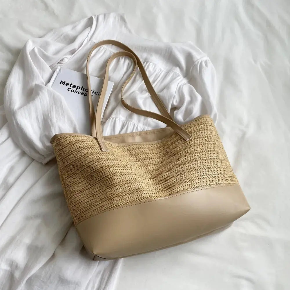 Straw Weave Leather Strap Tote Bag eprolo