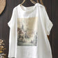 Double Layer Cotton Gauze Printed Short Sleeve Crew Neck Shirt for Women, Petite Size, Literary Leisure Short Top eprolo
