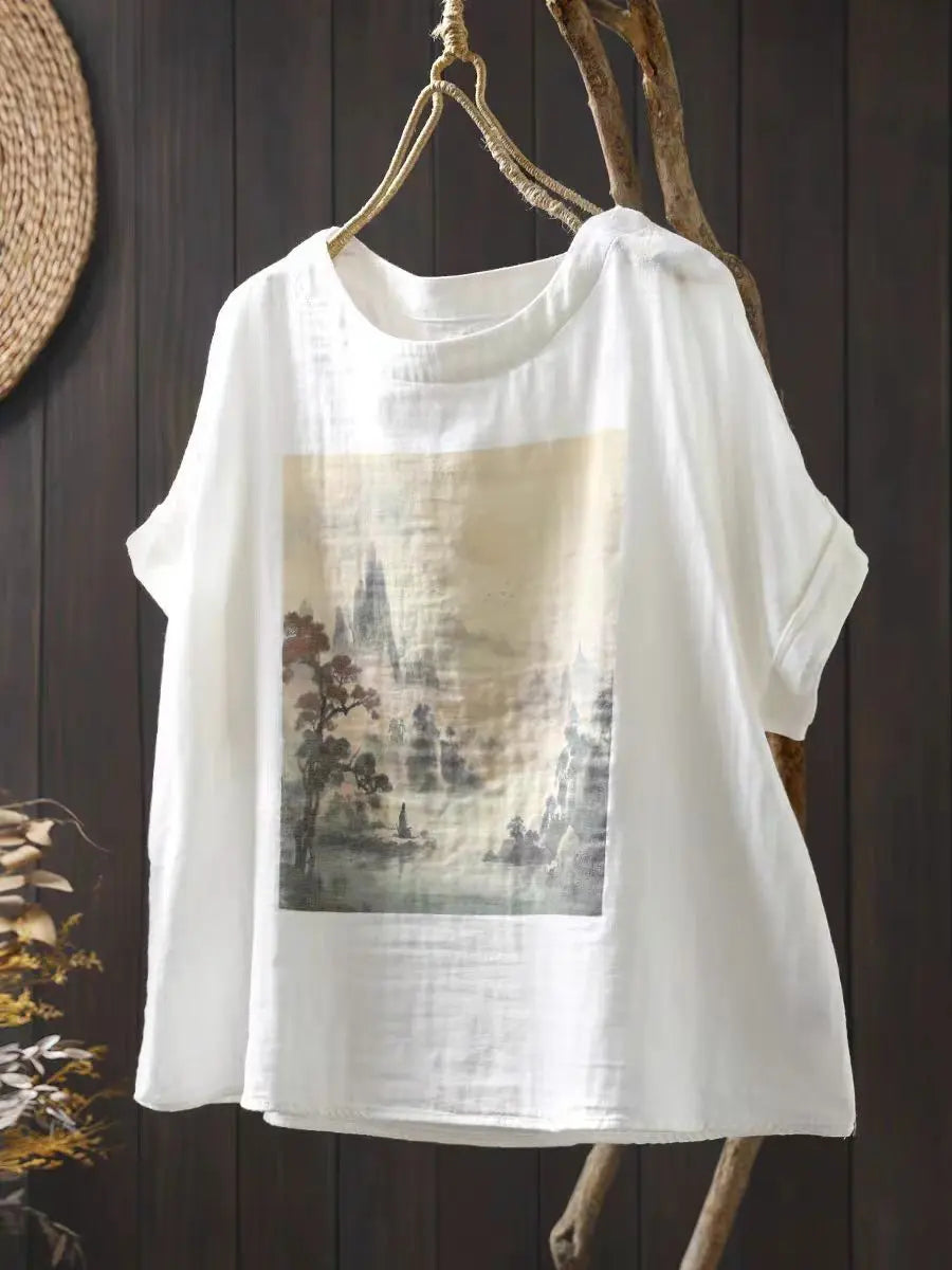 Double Layer Cotton Gauze Printed Short Sleeve Crew Neck Shirt for Women, Petite Size, Literary Leisure Short Top eprolo