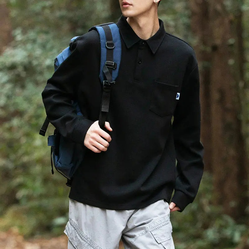 Outdoor men's long sleeved lapel simple pocket design polo shirt men's inner top eprolo