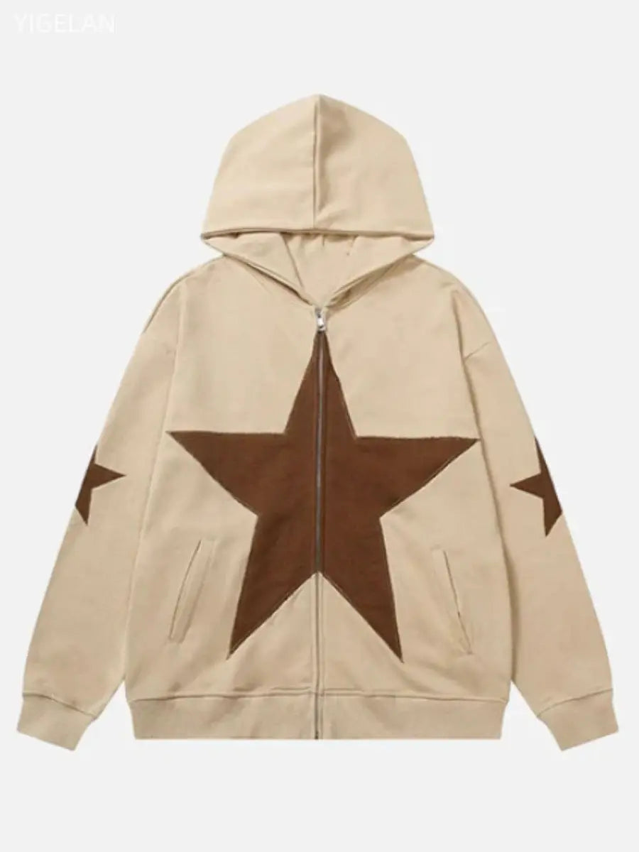 Five cornered star patch embroidered printed hooded sweatshirt with zipper sweatshirt for men eprolo