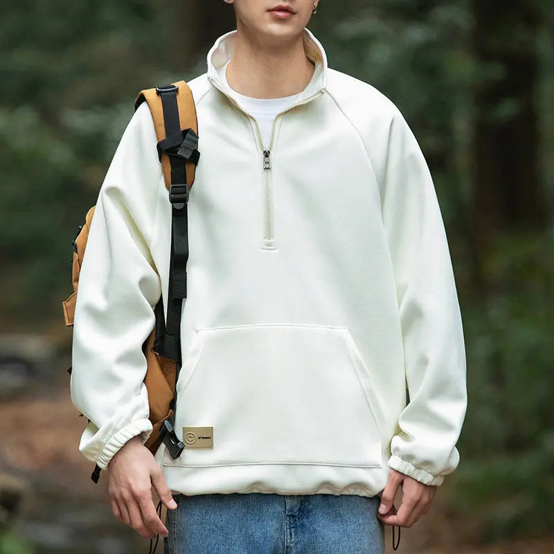 Long sleeved polo collar men's loose solid color half zip hoodie for men eprolo