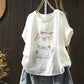 Double Layer Cotton Gauze Printed Short Sleeve Crew Neck Shirt for Women, Petite Size, Literary Leisure Short Top eprolo