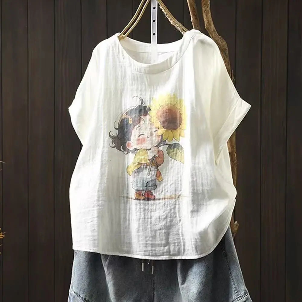 Double Layer Cotton Gauze Printed Short Sleeve Crew Neck Shirt for Women, Petite Size, Literary Leisure Short Top eprolo