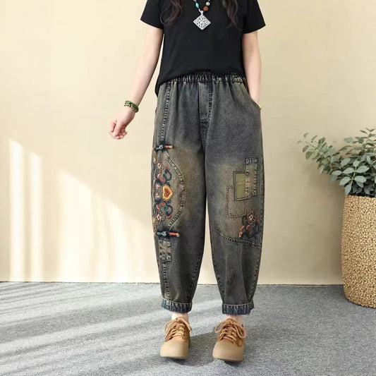 Vintage Ethnic Style Colorful Button Embroidered Denim Pants Women Loose Plus Size Floral Embroidery Nine-Point Harem Pants Spring eprolo