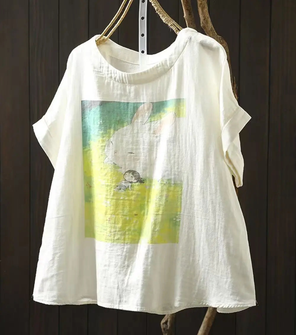 Double Layer Cotton Gauze Printed Short Sleeve Crew Neck Shirt for Women, Petite Size, Literary Leisure Short Top eprolo