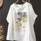 Double Layer Cotton Gauze Printed Short Sleeve Crew Neck Shirt for Women, Petite Size, Literary Leisure Short Top eprolo
