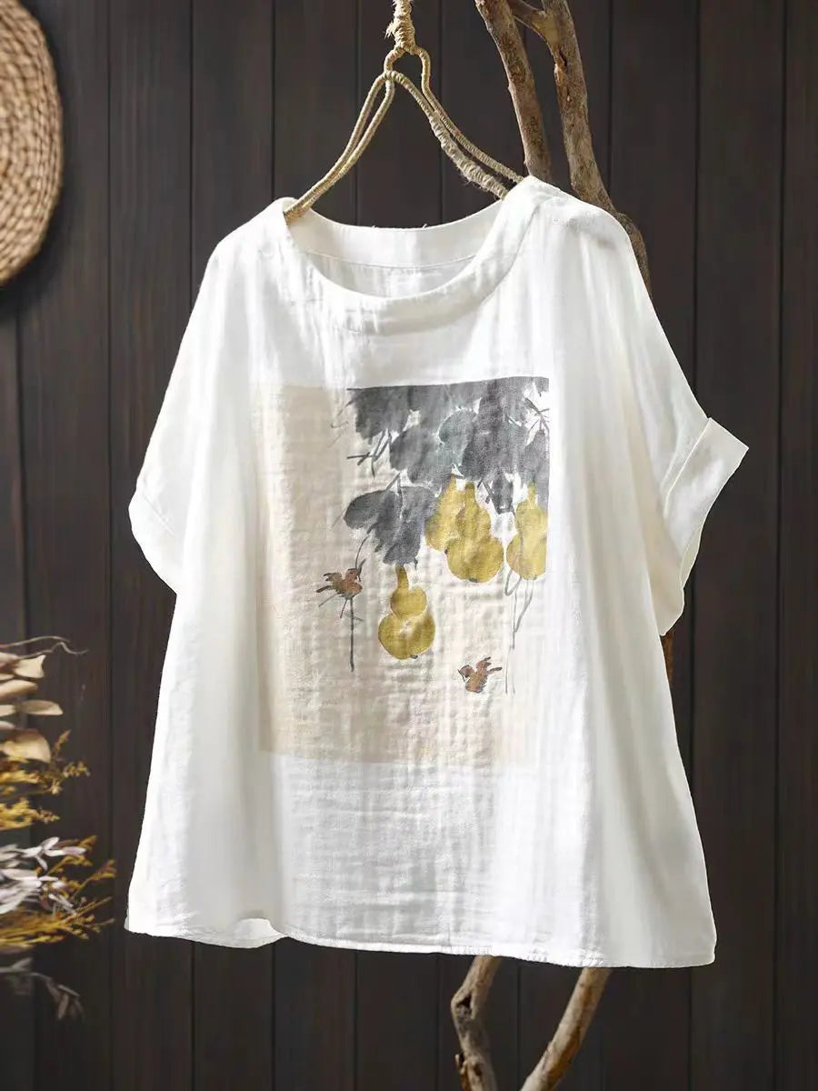 Double Layer Cotton Gauze Printed Short Sleeve Crew Neck Shirt for Women, Petite Size, Literary Leisure Short Top eprolo
