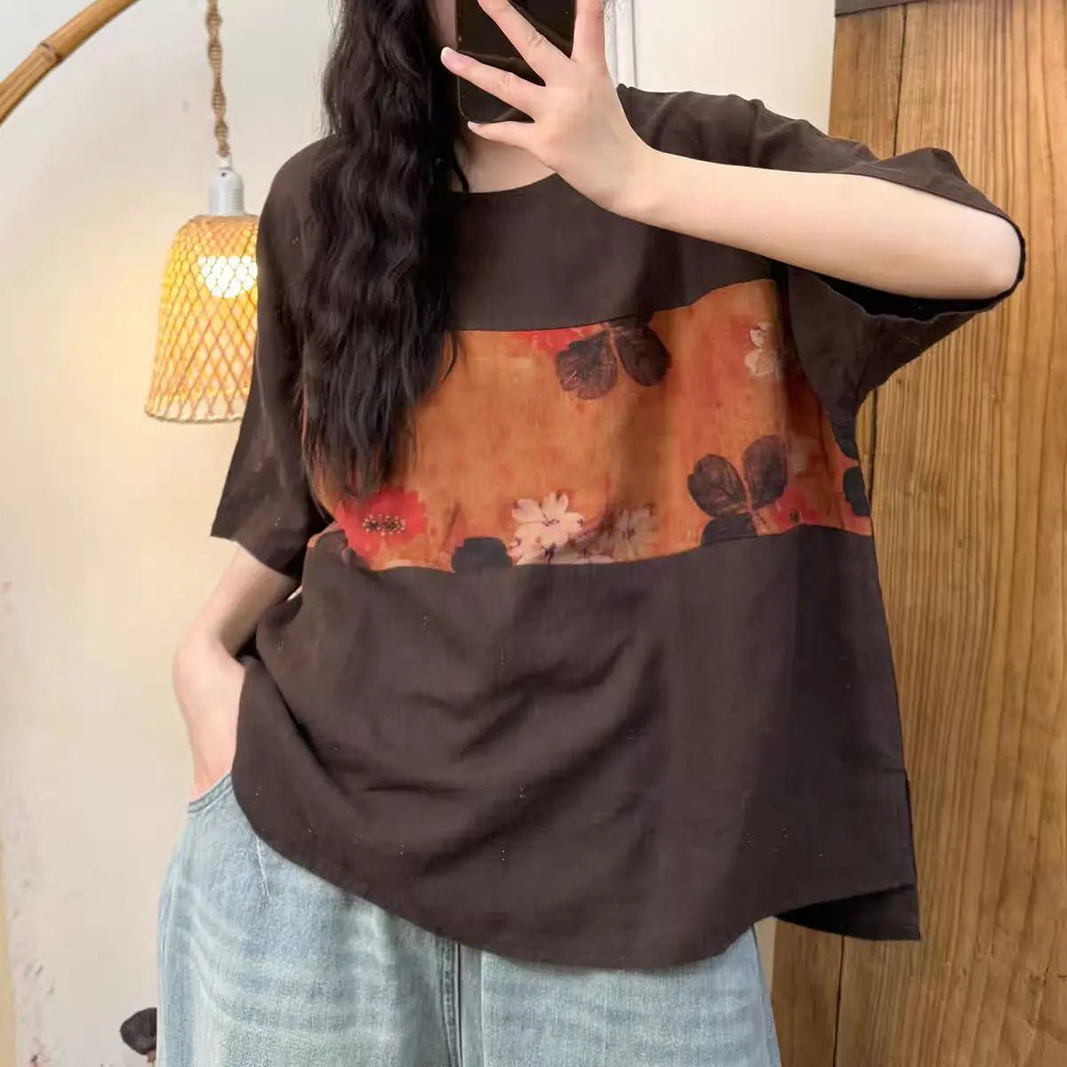 Literary Summer New Casual Versatile Linen Spliced Cotton Gauze Printed Round Neck Pullover Short Sleeve eprolo