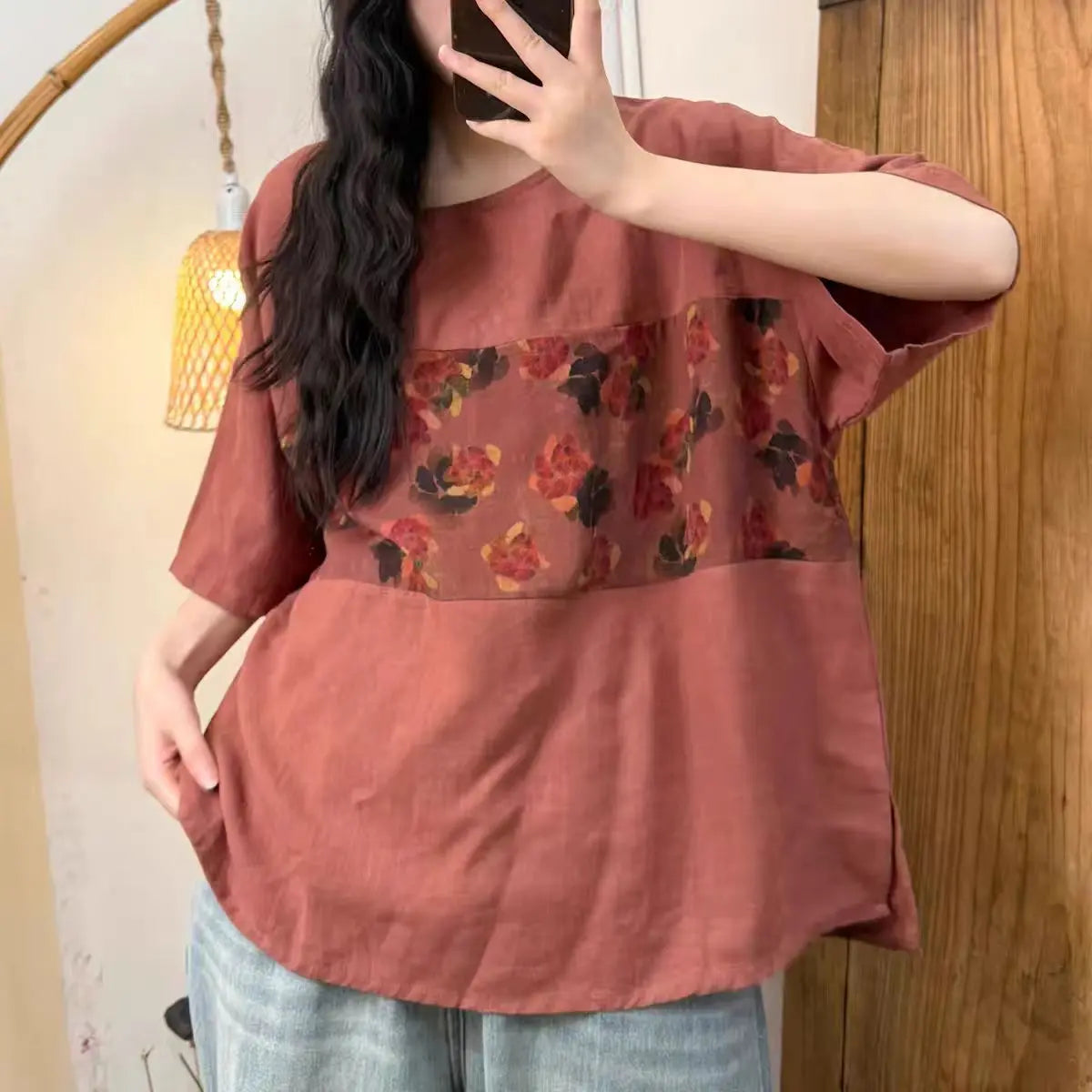 Literary Summer New Casual Versatile Linen Spliced Cotton Gauze Printed Round Neck Pullover Short Sleeve eprolo