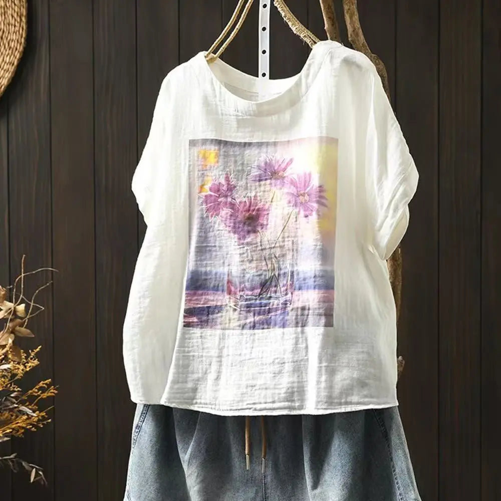 Double Layer Cotton Gauze Printed Short Sleeve Crew Neck Shirt for Women, Petite Size, Literary Leisure Short Top eprolo