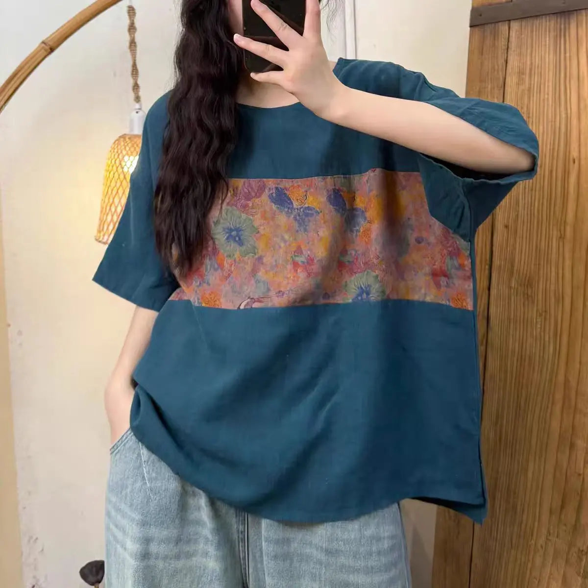 Literary Summer New Casual Versatile Linen Spliced Cotton Gauze Printed Round Neck Pullover Short Sleeve eprolo