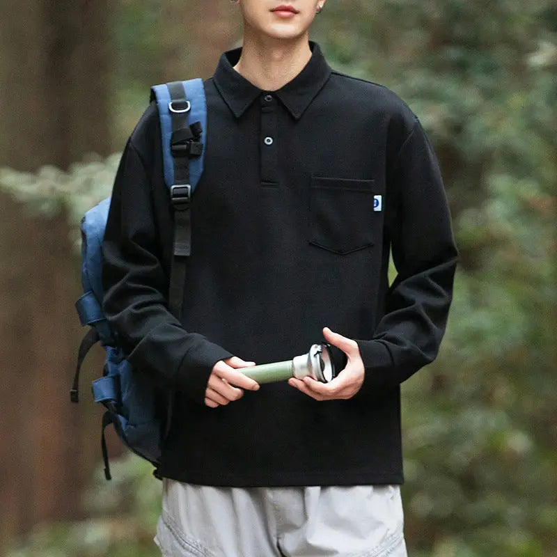 Outdoor men's long sleeved lapel simple pocket design polo shirt men's inner top eprolo